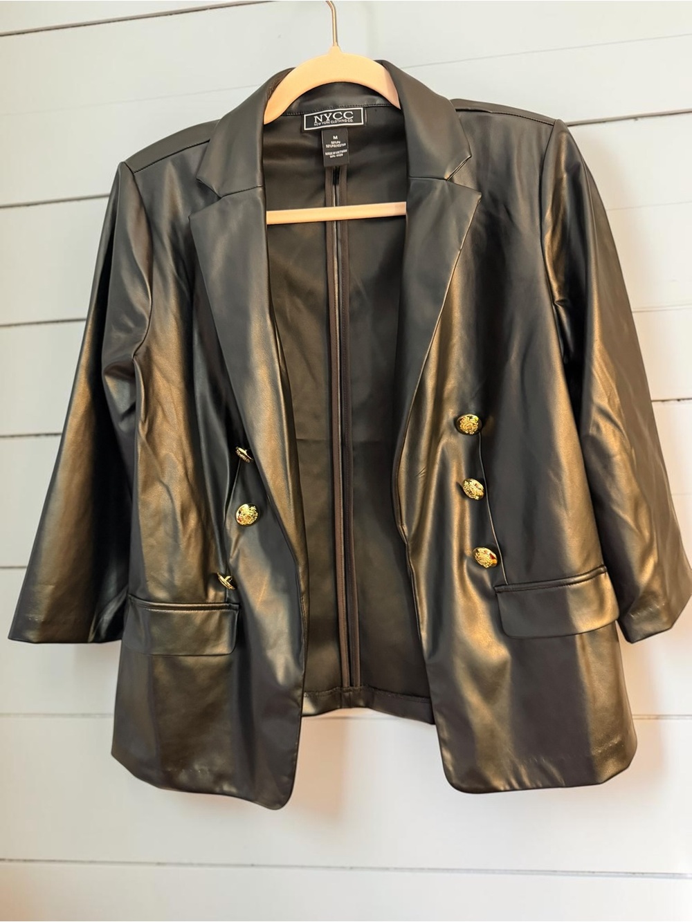 NYCC Black Faux Leather Double-Breasted Blazer Gold Crest Buttons Size M
